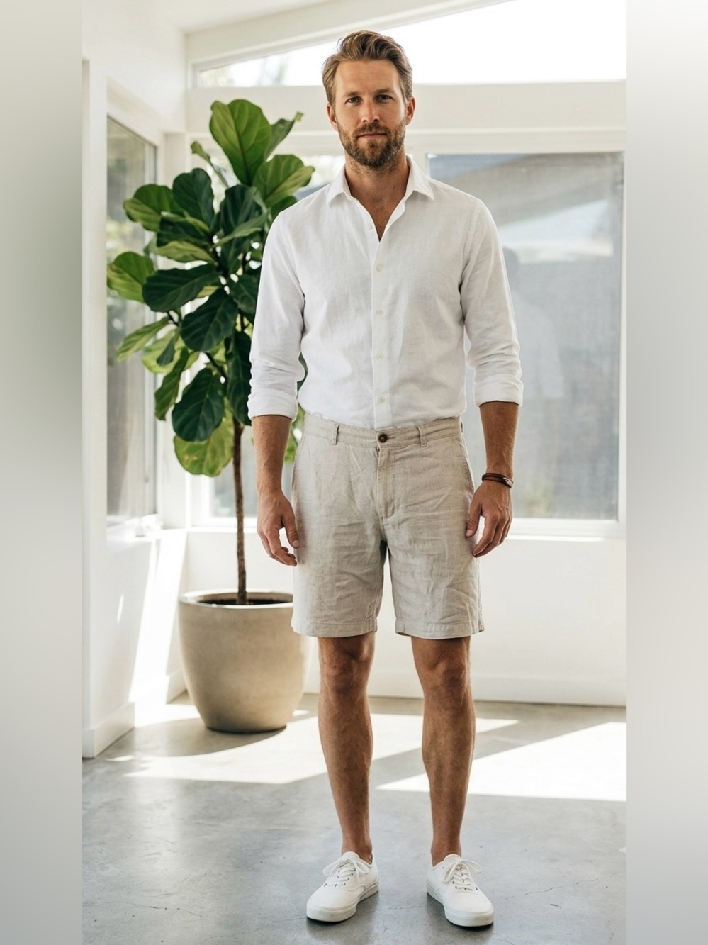 TAYLOR STITCH Men's Linen Shorts Oatmeal Beige Cream Summer Flat Front